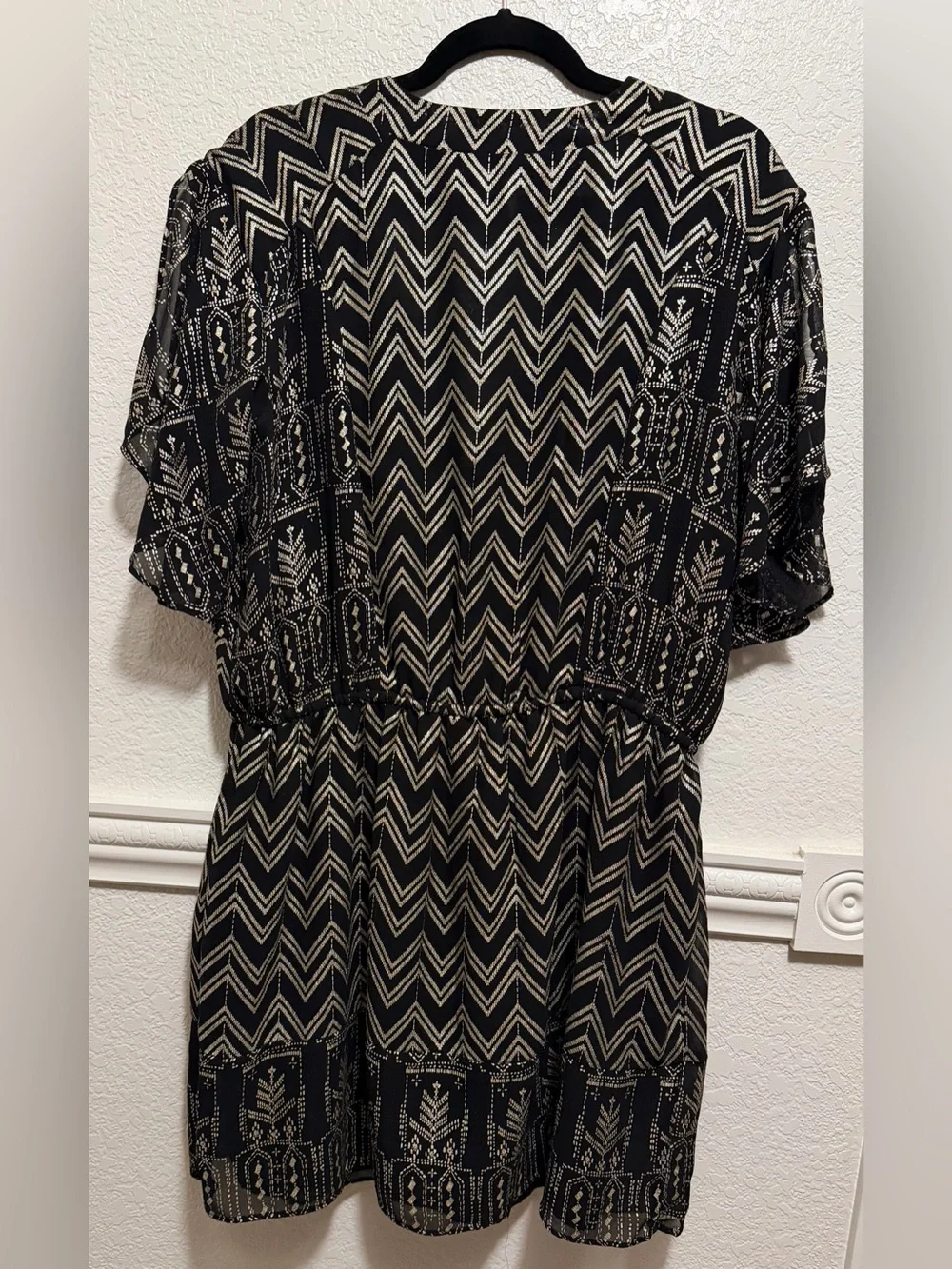 Free People Love My Chaos Mini Dress | Black Boho Chevron Print Flutter Sleeve